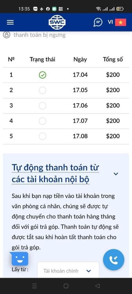Ảnh chụp màn hình gói trả góp của SkyWay