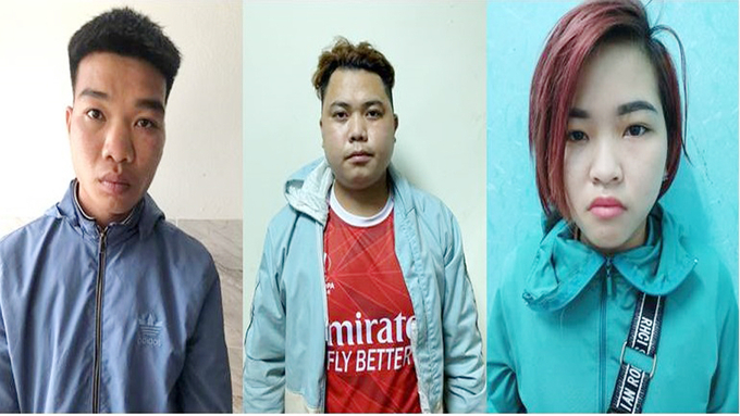 Các đối tượng: Nguyễn Văn Cầm, Lò Văn Mạnh và Nguyễn Thị Nhung tại cơ quan công an (ảnh lần lượt từ trái qua phải)