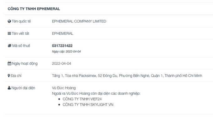 2 trong số 3 công ty ông Vũ Đức Hoàng đại diện thì có 2 công ty cùng ra đời một thời điểm, công ty còn lại thành lập năm 2021