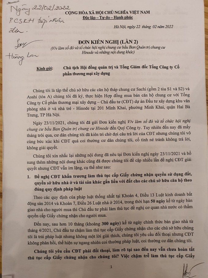 Đơn kiến nghị của cư dân Hinode gửi đến chủ đầu tư. Ảnh cư dân cung cấp