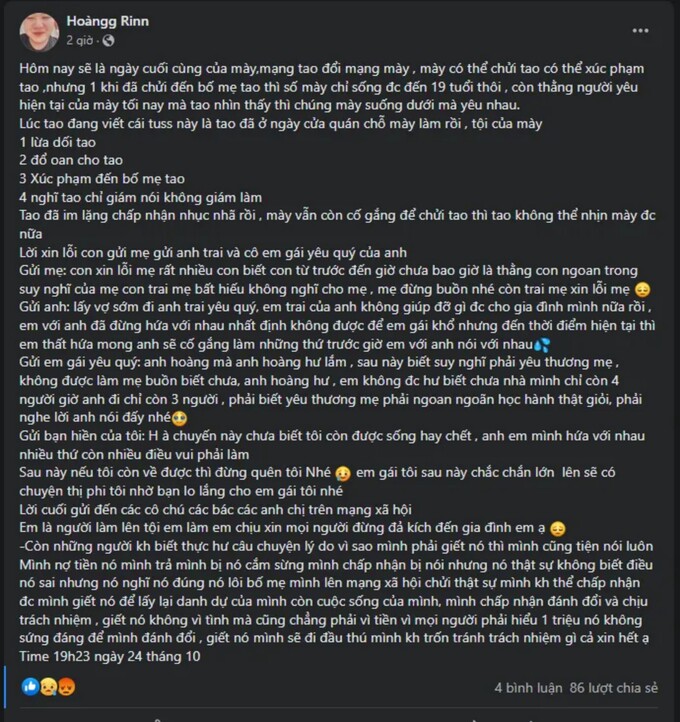 Hình ảnh Facebook đối tượng trước khi gây án.