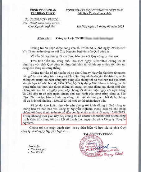 Công văn của Công ty Pusco gửi đối tác về thanh toán công nợ, nhưng vẫn chỉ là “cam kết”.