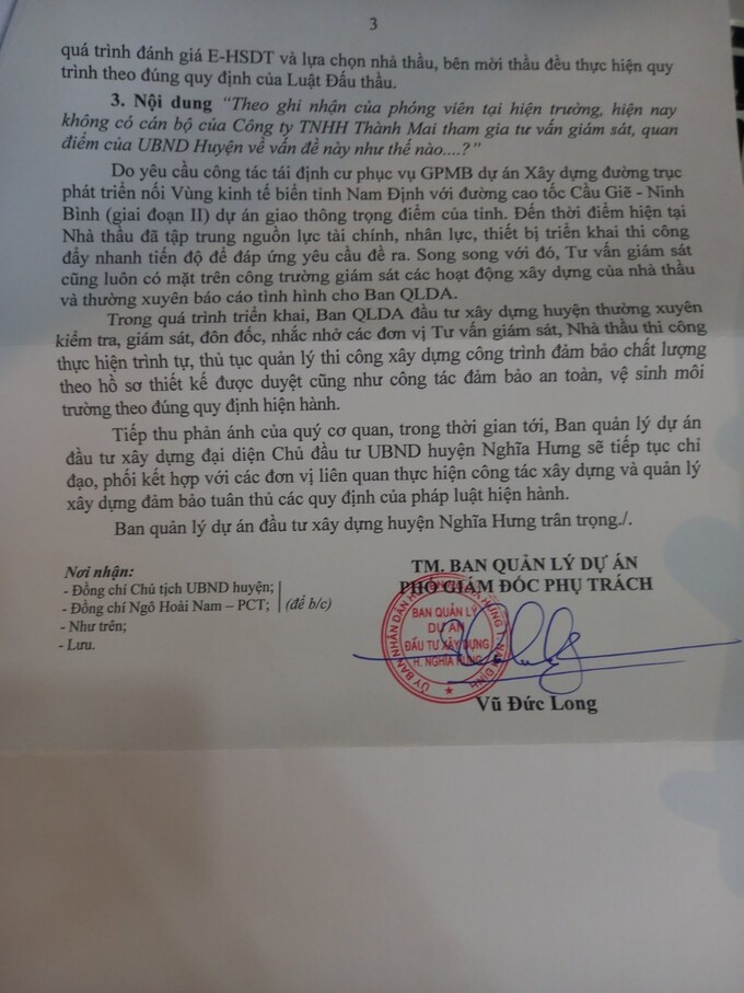 Văn bản của Ban QLDA huyện Nghĩa Hưng giải thích về việc thiếu hụt nhân sự và lựa chọn đơn vị tư vấn giám sát..