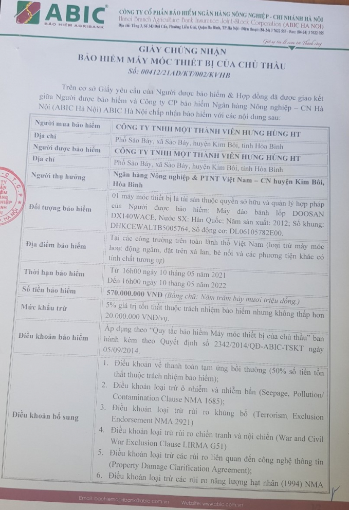 Giấy chứng nhận tham gia bảo hiểm của Công ty Hưng Hùng