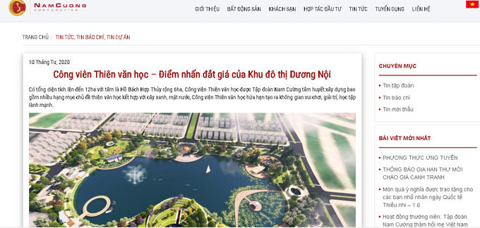 Theo quảng cáo của tập đoàn này, Công viên Thiên văn học là điểm nhấn đắt giá của Khu đô thi Dương Nội