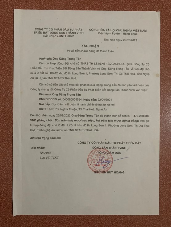Biên bản xác nhận đã nhận tiền của công ty CP BDS Thành Vinh