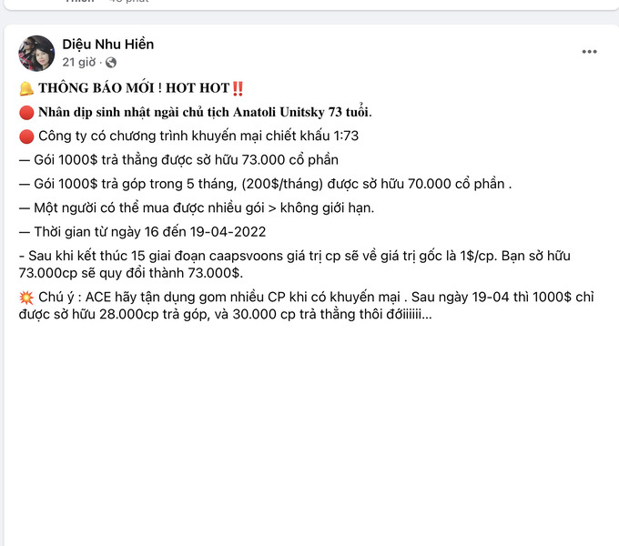 Thông báo về ưu đãi sinh nhật chủ tịch