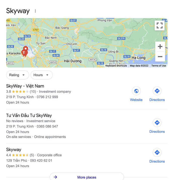 Địa chỉ văn phòng SkyWay khi tìm kiếm trên google