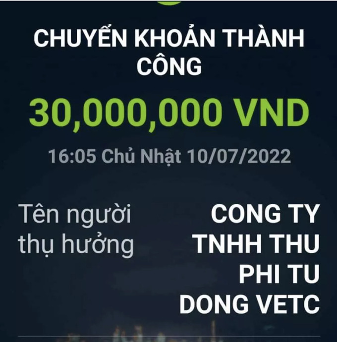 Một người dùng chuyển nhầm 30 triệu đồng vào tài khoản VETC