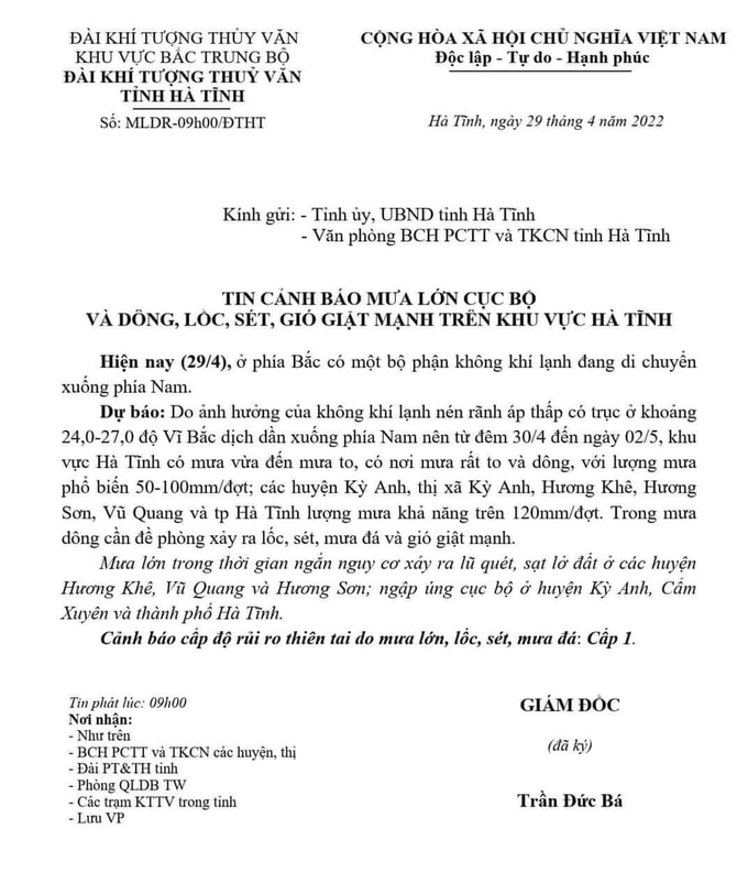 Thông tin cảnh báo của Ban Chỉ huy PCTT&TKCN Hà Tĩnh
