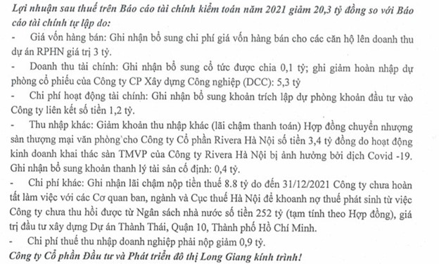 Giải trình của Long Giang Land về việc lợi nhuận sau kiểm toán giảm 20 tỷ đồng