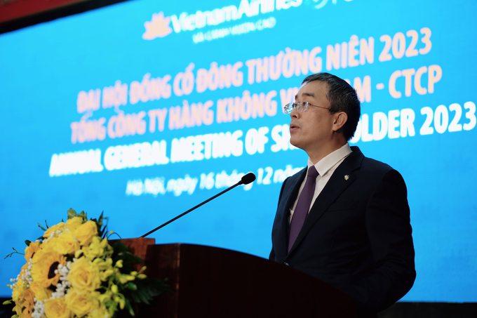 Chủ tịch HĐQT Vietnam Airlines Đặng Ngọc Hoà phát biểu tại Đại hội đồng cổ đông năm 2023.