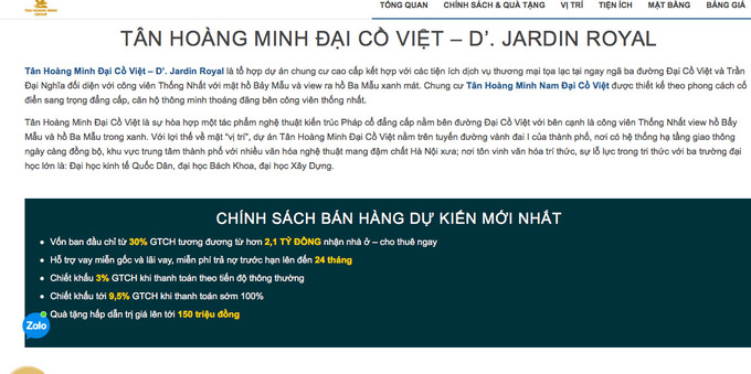 Dự án đang được bán trên website của Tân Hoàng Minh