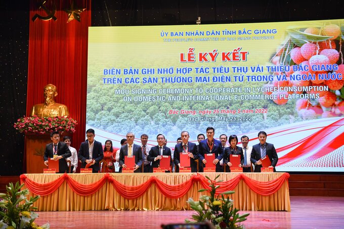 Các đại biểu ký kết biên bản ghi nhớ đưa vải thiều đi tiêu thụ ở thị trường trong và ngoài nước.