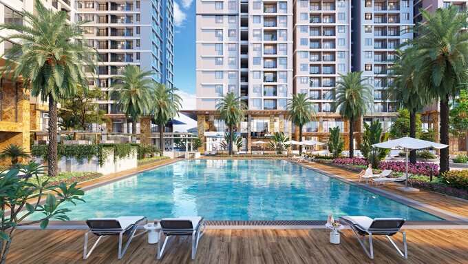 Tổ hợp hồ bơi với hệ thống quầy bar, sàn tắm nắng tại Hanoi Melody Residences