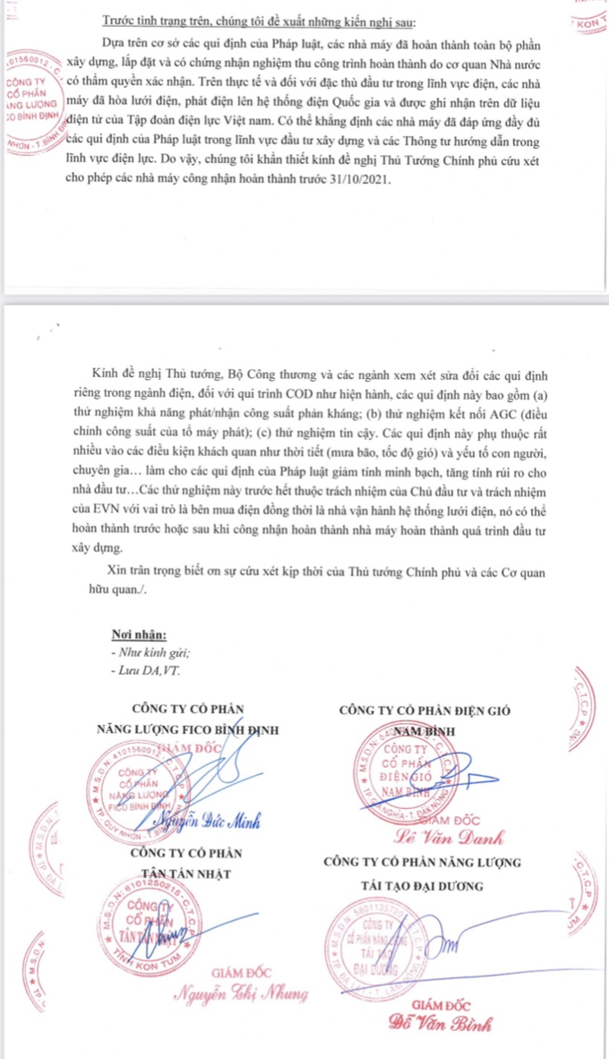 Văn bản 'kêu cứu' của các nhà đầu tư điện gió - Ảnh: N.AN