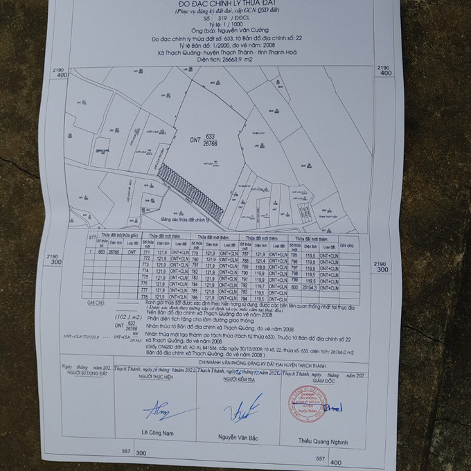 Bản đồ chỉnh lý thửa đất của Văn phòng đăng ký đất đai Huyện Thạch Thành (do N cung cấp)