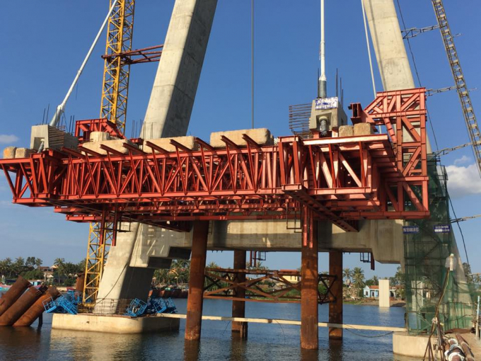 Cầu dây văng Nhật Lệ 2 (Quảng Bình), dự án do Công ty CP Cầu 12 thực hiện lắp đặt hệ thống xe đúc dầm
