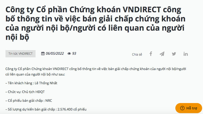 Thông báo được VNDIRECT đăng tải trên website
