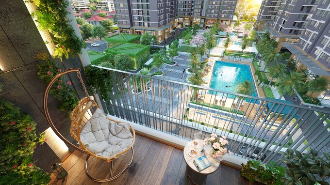 Tổ hợp hồ bơi với quầy bar và sàn tắm nắng như resort tại Hanoi Melody Residences