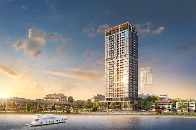 Tòa tháp Panoma 2 của Sun Cosmo Residence Da Nang nằm bên bờ sông Hàn thơ mông.
