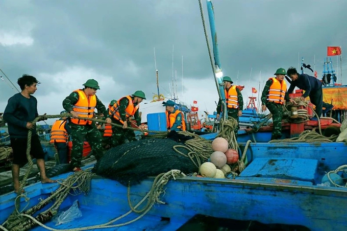 Cán bộ, chiến sĩ lực lượng vũ trang huyện Hải Hậu, tỉnh Nam Định giúp ngư dân chằng buộc tàu, thuyền tại cảng cá Ninh Cơ - Ảnh: Nhân Dân