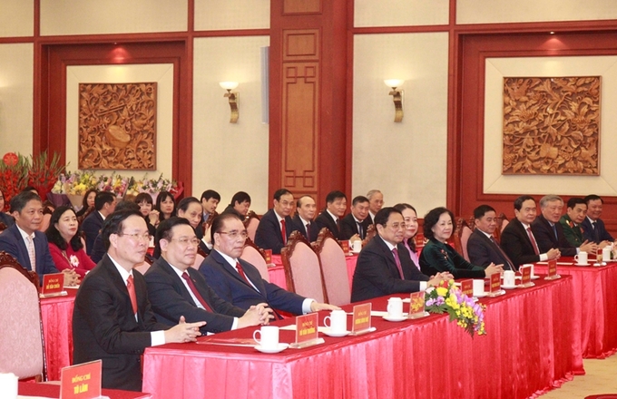 Các đồng chí lãnh đạo và nguyên lãnh đạo Đảng, Nhà nước tham dự buổi Lễ. Ảnh: Phạm Cường