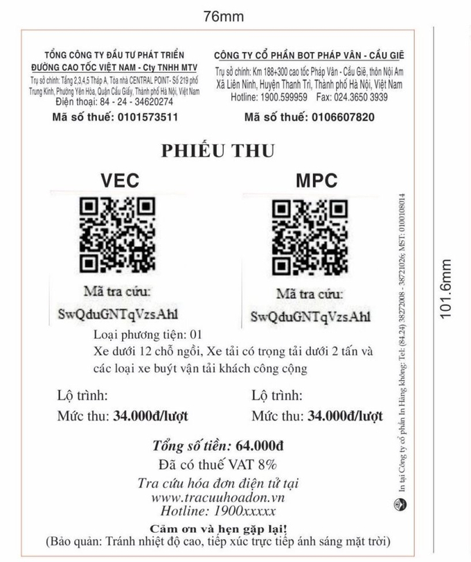 Mẫu phiếu thu tiền thanh toán phí dịch vụ