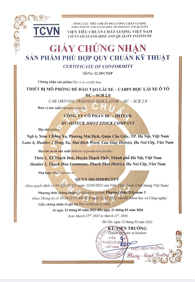 Giấy chứng nhận sản phẩm phù hợp quy chuẩn của HC