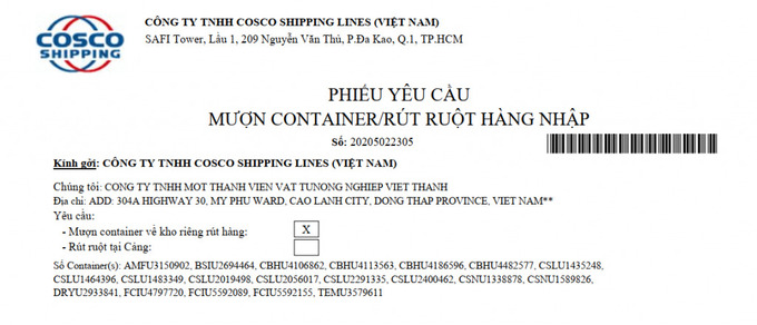 Mãu giấy cược vỏ contaner tại hãng tàu Cosco