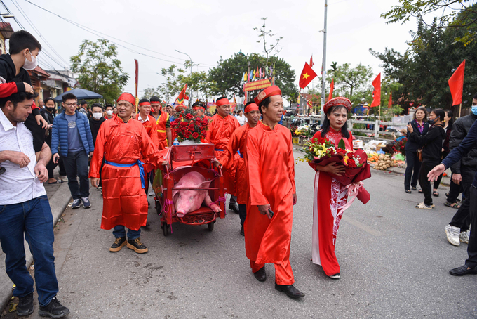 9h30 sáng, nghi lễ rước lợn quanh làng trước giờ chém tế thần.