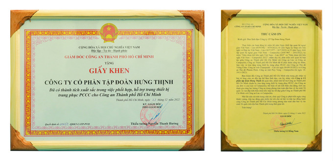 Giấy khen và thư cảm ơn của Công an TP.HCM khen tặng Tập đoàn Hưng Thịnh