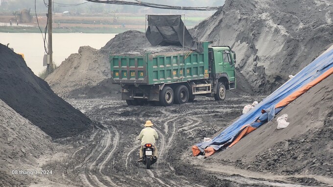 'Binh đoàn' xe mang logo công ty Trọng Phóng chở tro xỉ từ nhà máy nhiệt điện trên địa bàn tỉnh Hải Dương chở về khu vực này để tập kết và mang đi tiêu thụ bằng đường thuỷ.