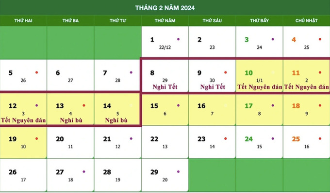 Cán bộ, công chức, viên chức nghỉ tết Nguyên đán Giáp Thìn 2024 từ ngày 8/2/2024 (29 tháng Chạp) đến hết ngày 14/2/2024 (mùng 5 tháng Giêng)