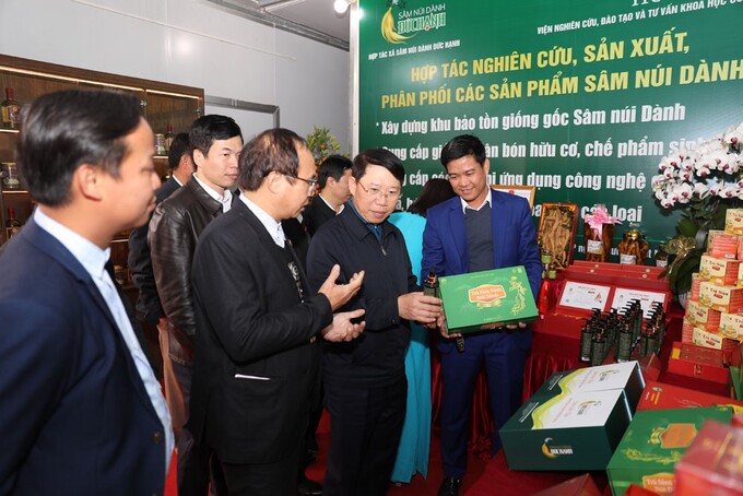 Các đại biểu thăm gian trưng bày các sản phẩm được chế biến từ củ và hoa sâm Nam Núi Dành