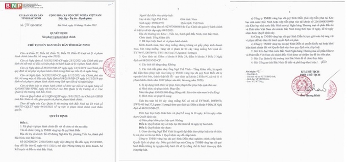 Quyết định xử phạt của UBND tỉnh Bắc Ninh đối với Công ty vàng bạc Sinh Diễn.