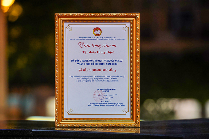 Thư cảm ơn của Ban vận động, quản lý và sử dụng Quỹ “Vì người nghèo” TP.HCM tri ân Tập đoàn Hưng Thịnh