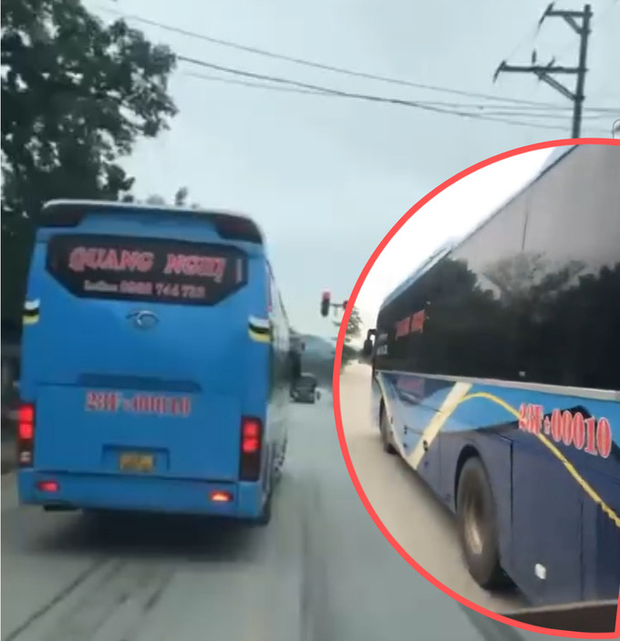 Hình ảnh xe khách Quang Nghị 23F-000.10 chèn ép, tạt đầu; thậm chí đi lấn sang làn ngươic chiều không cho xe khách phía sau vượt lên gây phẫn nộ. (Ảnh cắt từ clip)