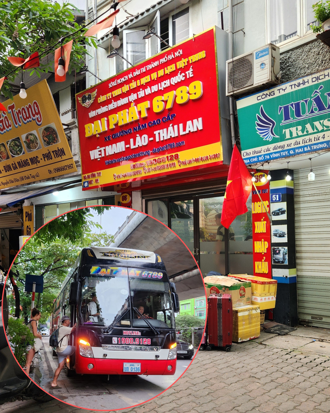 Văn phòng nhà xe Đại Phát tại địa chỉ 49 Vĩnh Tuy, quận Hai Bà Trưng, Hà Nội không khác gì một bến xe, tổ chức hoạt động vận chuyển hành khách từ Việt Nam đi Lào. Ảnh chụp ngày 25/6/2024.