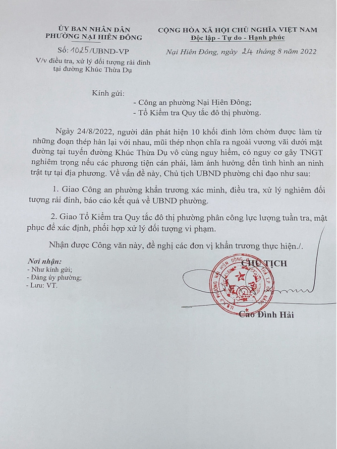 Công văn chỉ đạo của UBND phường Nại Hiên Đông giao cho công an và quy tắc điều tra xử lý vi phạm