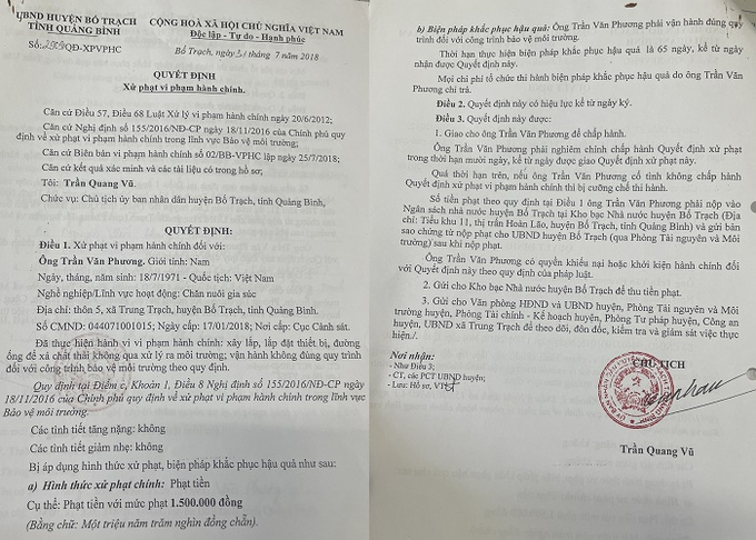 UBND huyện Bố Trạch đã từng xử phạt trang trại chăn nuôi lợn này vì xả thải gây ô nhiễm môi trường.