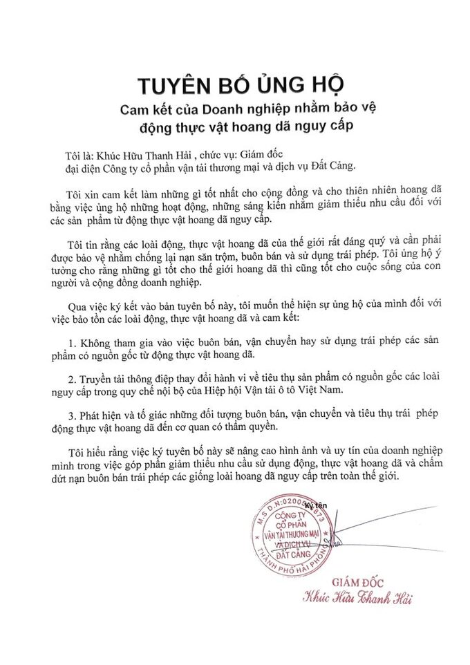Tuyên bố của Công ty Cổ phần vận tải thương mại và dịch vụ Đất Cảng