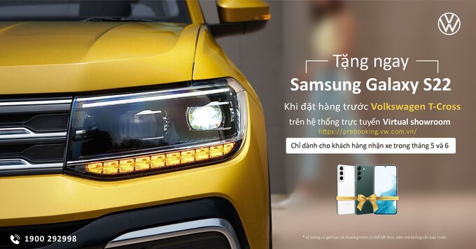 Chương trình tặng Samsung Galaxy S22 dành cho những khách hàng nhận xe trong tháng 5 và tháng 6/2022 trên hệ thống trực tuyến Virtual showroom. Ảnh Volkswagen