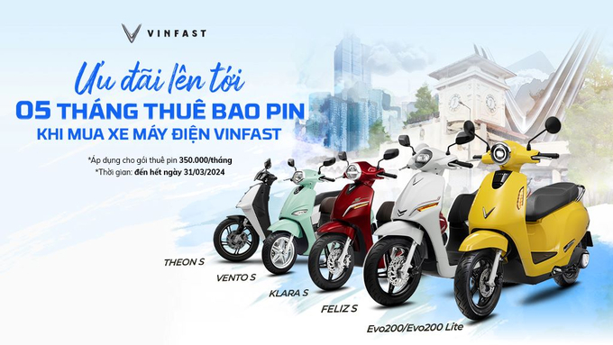 VinFast công bố triển khai chương trình ưu đãi đặc biệt dành cho tất cả khách hàng mua xe máy điện trong tháng 3/2024, với gói quà tặng hấp dẫn trị giá từ 2 đến 5 tháng thuê pin miễn phí