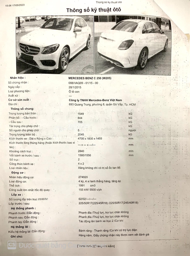Hình ảnh Mercedes-Benz C 250 lưu trữ trên Cục đăng kiểm Việt Nam, không phân biệt phiên bản Exclusive và AMG